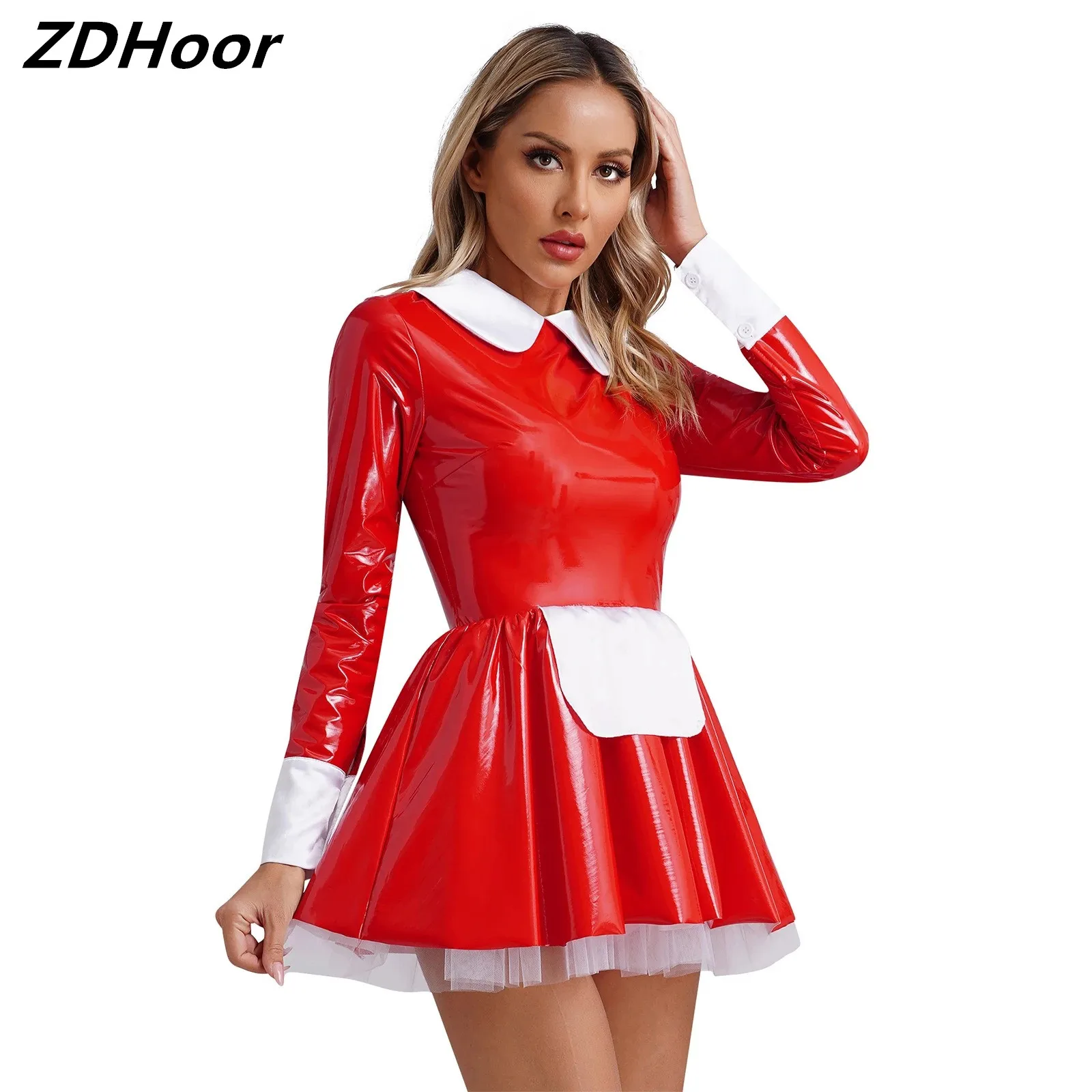 

Womens Sweet Maid Dress Halloween Cosplay Patent Leather Long Sleeve Satin Apron Tulle Underskirt A-Line Dress Clubwear