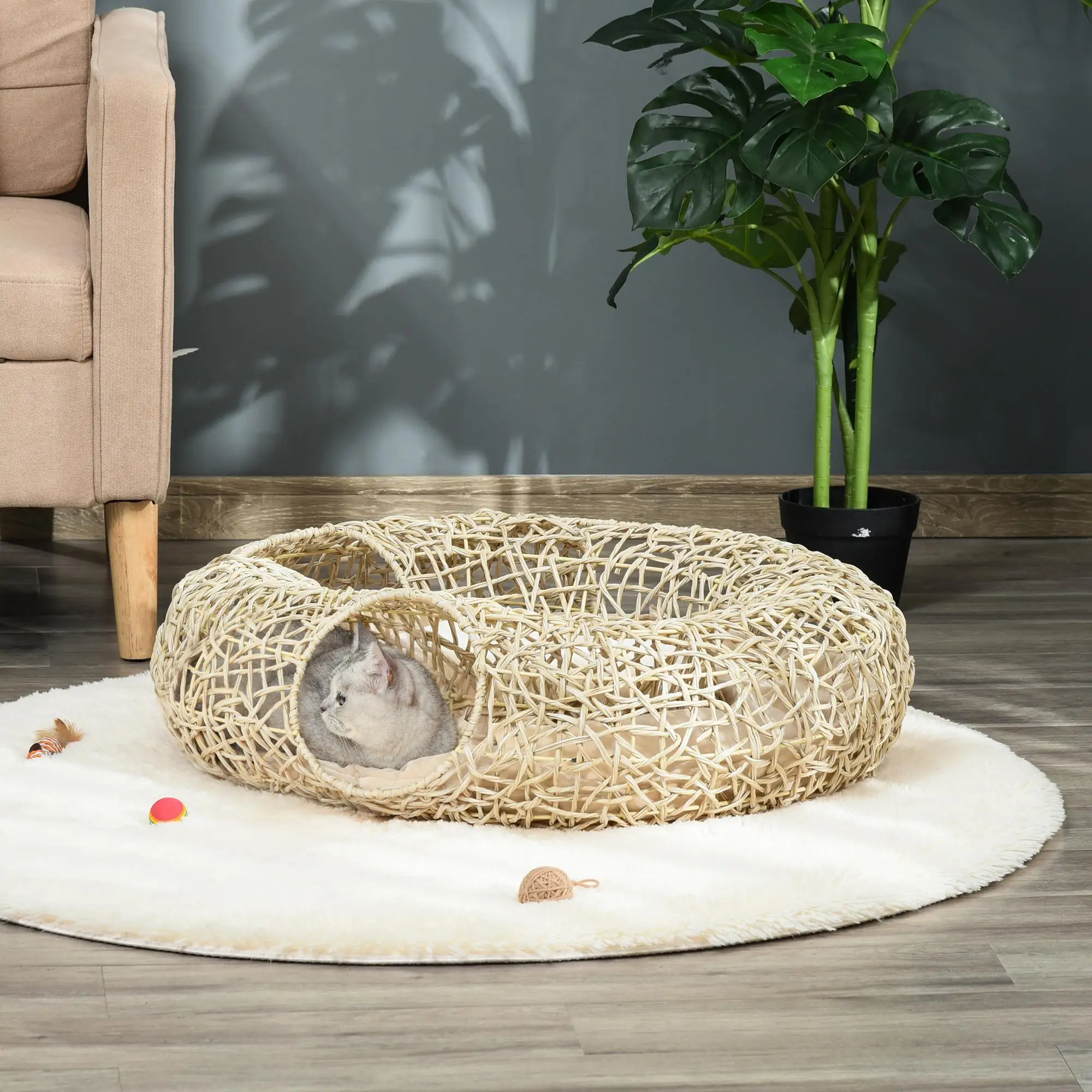 Nouveau Tapis de Sol en Rotin PE pour Chat 78x69x22cm avec Tunnel de 19cm, 3 Entrées, Cadre Métallique, Coussin Doux, Max 4kg, Blanc