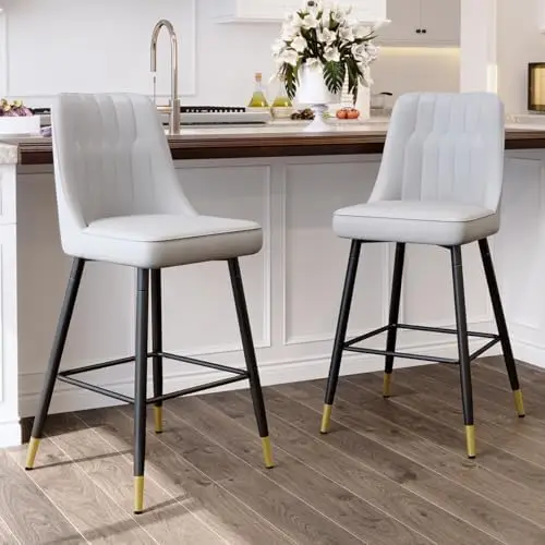 

Light Grey Faux Leather Counter Stools Set of 2, with Back and Footrest, 27' High, Holds 500 LBS