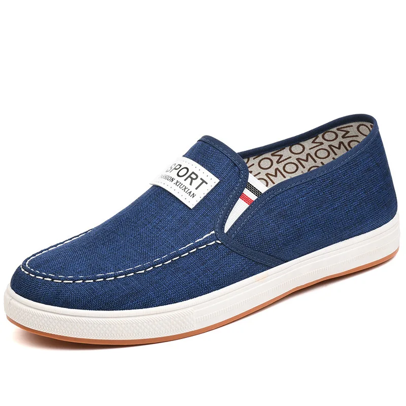 Men Slip On Canvas Loafers Breathable Fabric Upper Light Non Slip Rubber Sole Sport Label Decor Daily Walking Casual Flat Shoes