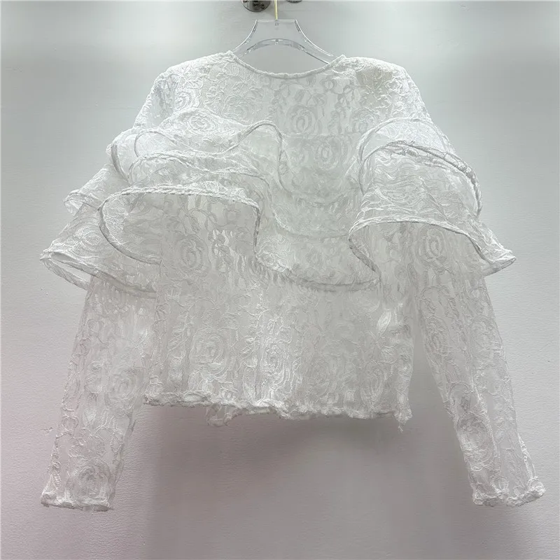 2025 Spring New Design Sense Niche Elegant High-end Fashion Layer Three-dimensional Ruffle Edge Lace Shirt Fashion Top For Women