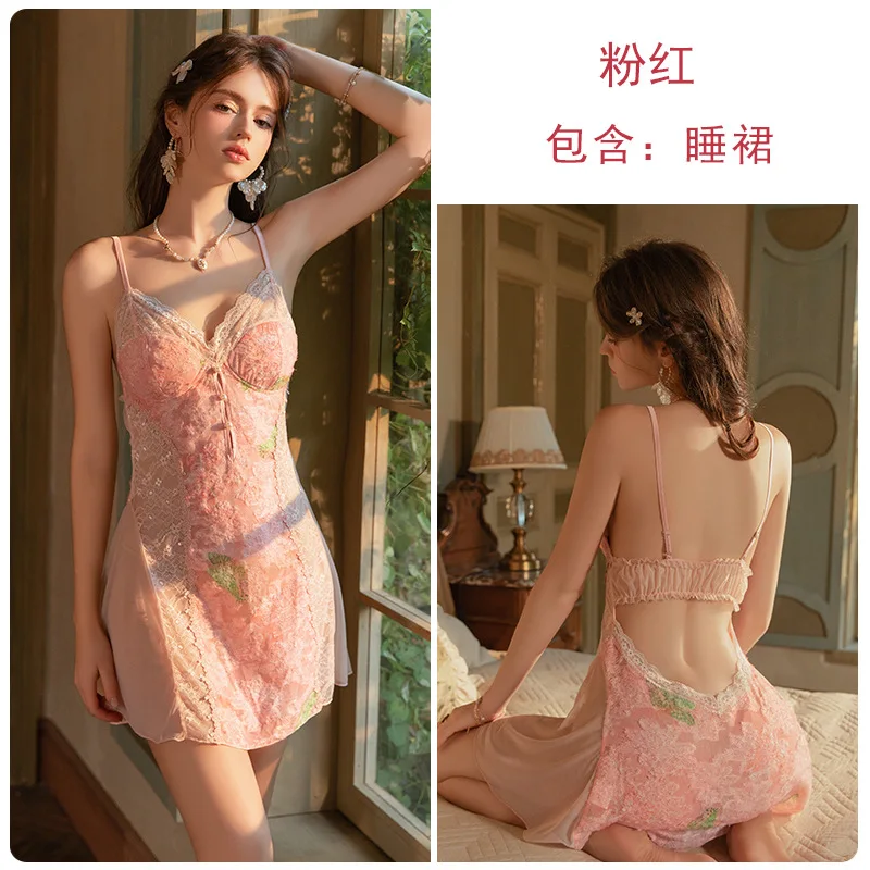 섹시한 백리스 쉬폰 벨벳 패치워크 레이스, 가슴 쿠션 포함, 서스펜더, 나이트가운, 아우터웨어, 홈 세트