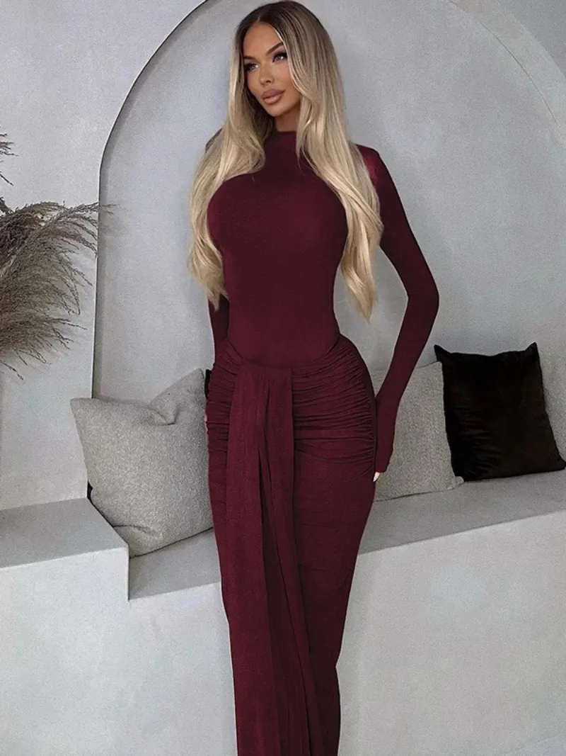 2024 Autumn Winter Long Sleeve Bodysuit High Waist Bandage Skirts Matching Sets Women Elegant 2 Pieces Long Dresses Streetwear