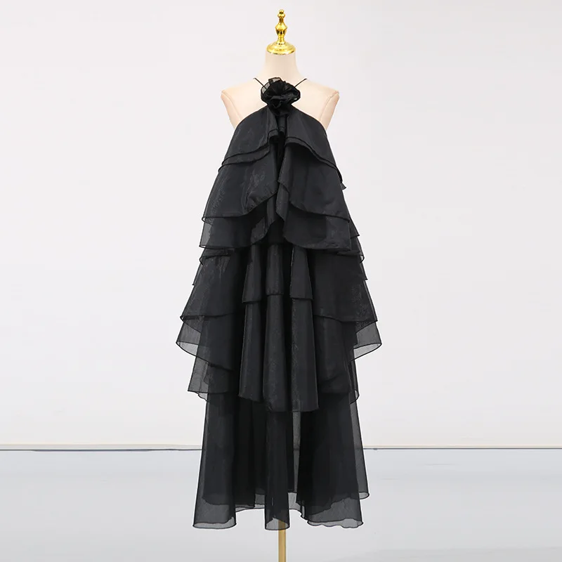 2025 verão novo vestido feminino moda pendurado pescoço sem mangas design multi camada plissado borda cinta vestido longo