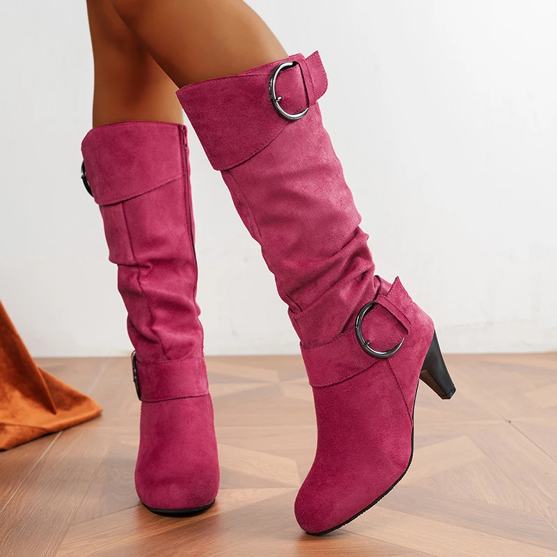 Women\'s High Heels Long Boots Fashion Solid Color Size Zipper Knee High Boots Woman Metal Decor Spike Heeled Riding Botas Mujer