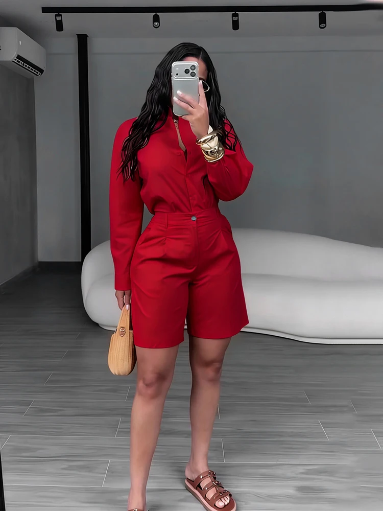 Schickes 2-teiliges Set für Damen: Einfarbiges Langarm-Hemd mit Knöpfen und hochtaillierte plissierte Bermuda-Shorts, Büro-Outfit für Damen. – Detail 7