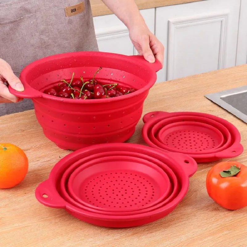 Foldable Food Silicone Drain Basket Fruit Vegetable Washing Basket Strainer Colander Collapsible Drainer Kitchen Storage Tool