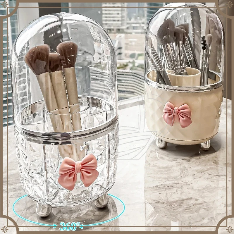 360° Rotating Transparent Makeup Storage Tube with Lid, Cosmetic Brush Holder for Bathroom