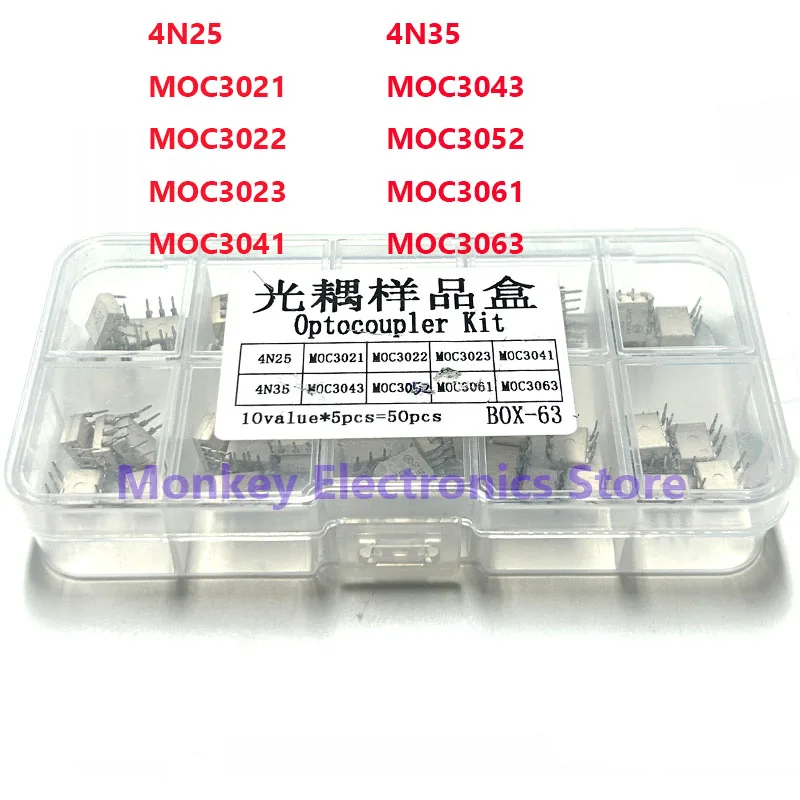 50pcs Optocoupler Sample Case DIP 4N25 4N35 MOC3021 3022 3023 3041 3043 4052 3061 3063 Integrated Circuit IC 10PCS*5Value