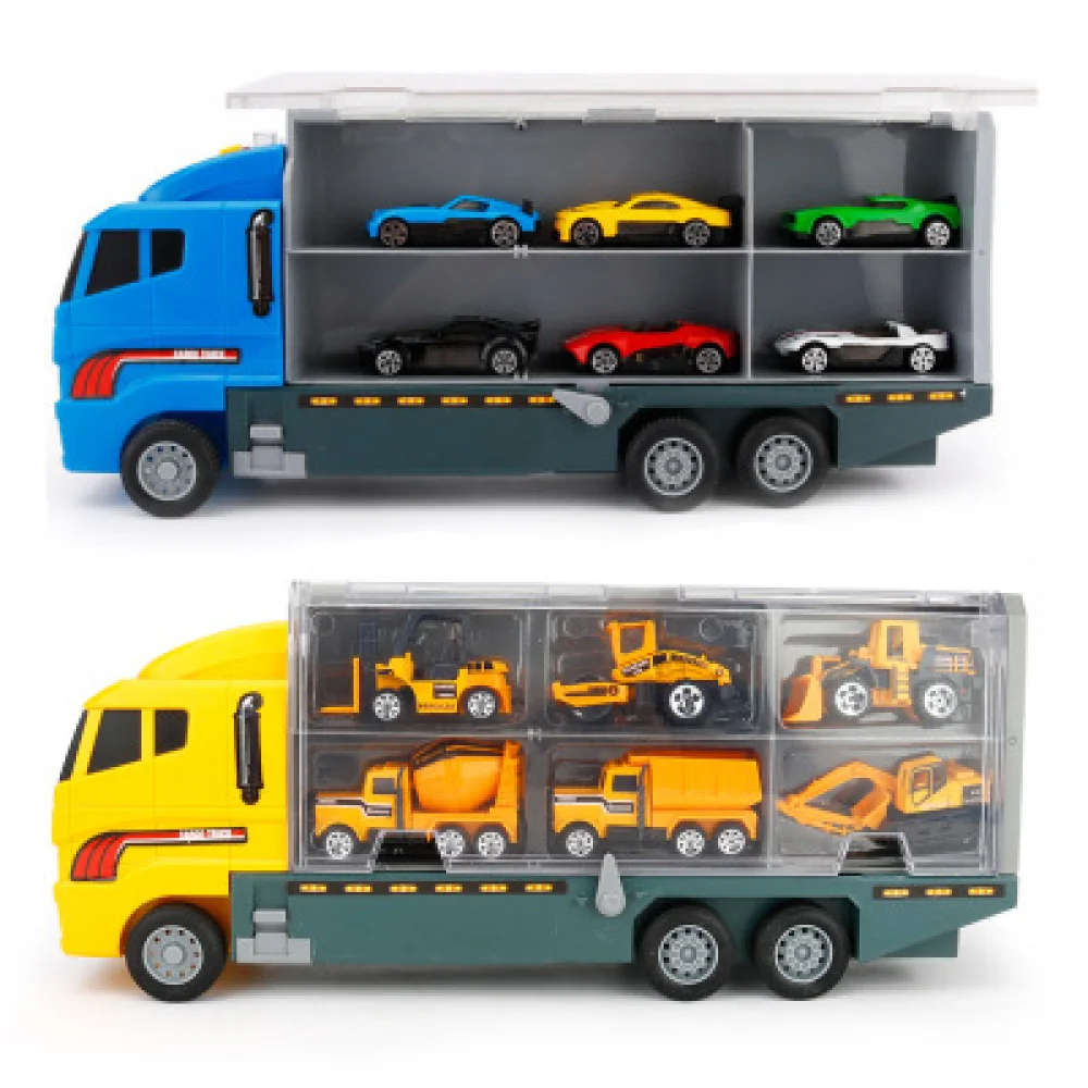 6In1/set Container Fire Truck Toys with Mini Diecast Alloy Car Sliding Transport Trucks Collection Toys for Boys Kids Gift