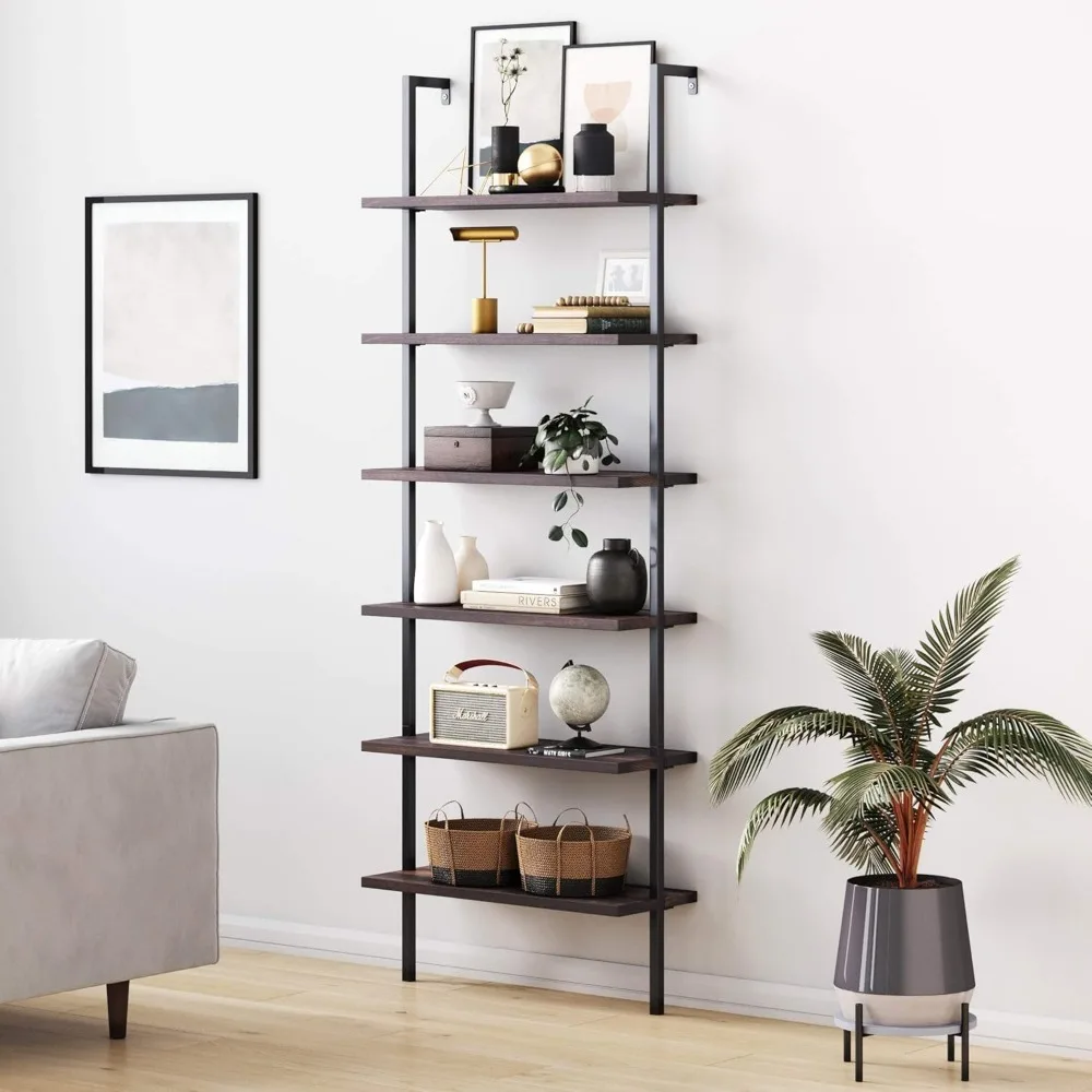 

Theo 6-Shelf Tall Bookcase, Wall Mount Bookshelf with Natural Wood Finish and Industrial Metal Frame, Nutmeg/Matte Black
