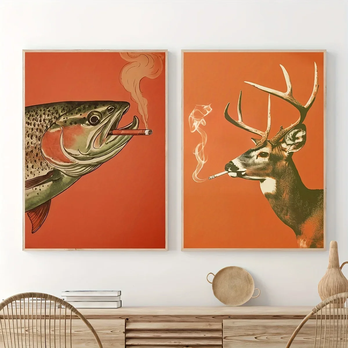 Multiple sizes 2pcs frameless Canvas PaintingIndia,2pcs/set Retro Fun Animal Art Poster Abstract Smoking Fish & Deer Canvas Pain