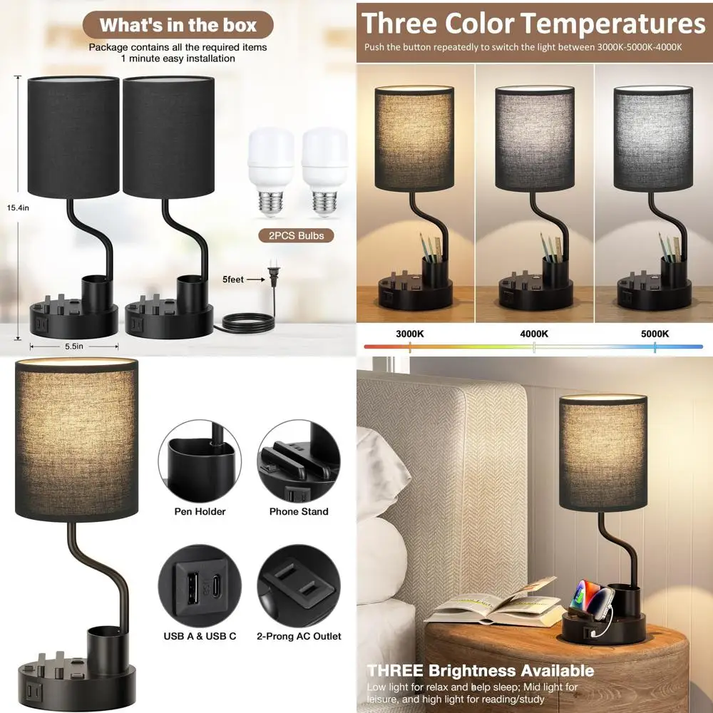 

2-Piece Bedroom Nightstand Lamps with AC Outlet, USB Charging, and 3-Color Temperatures for Desk, Living Room, or Dorm