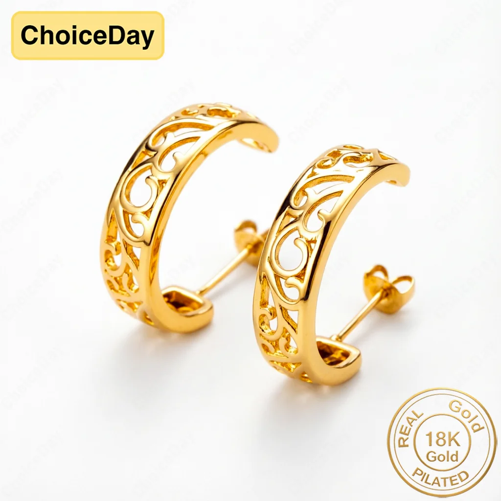 18K Gold-Plated Openwork C-Shaped Stud Earrings with Exquisite Patterns – Charming and Stylish Wedding Accessories for Women