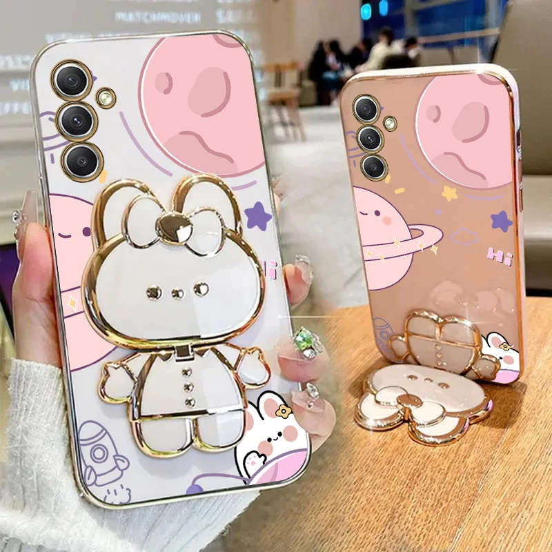 Planet Mirror Rabbit Phone Holder Case On For Samsung Galaxy M23 M22 M32 M11 M14 M42 M31 M30S M33 M53 M51 M52 M54 4G 5G Cover