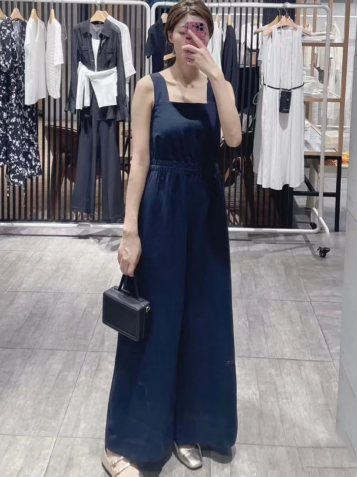 จั๊มสูทผู้หญิงทรงหลวมเอวสูง รุ่นใหม่ประจำฤดูร้อน MM2024 สีน้ำเงินกรมท่า พร้อมสายรัด