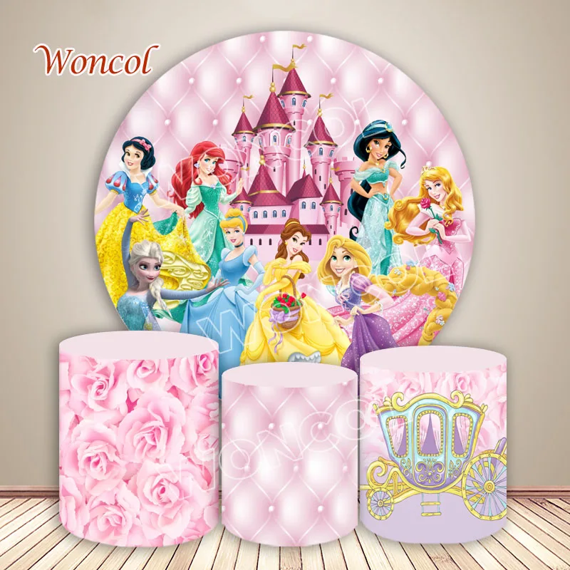 Disney Castle Princess Round Backdrop Belle Cinderella Ariel Aurora Elsa Backdrop Disney Princess Birthday Cylinder Cover Prop