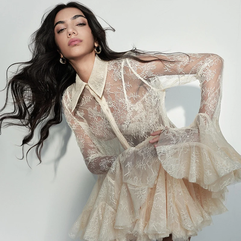 Elegant Sexy Sheer Spliced Ruffles Folds Mini Dresses for Women Lapel Long Sleeves Patchwork Single Breasted Women Dress