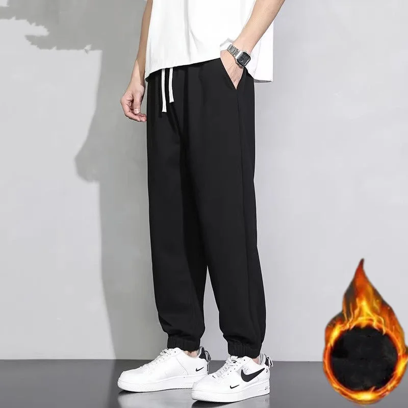 Autumn Winter New Fleece Versatile Casual Pants Men Korean Solid Elastic Waist Drawstring Pockets Straight Loose Sports Trousers