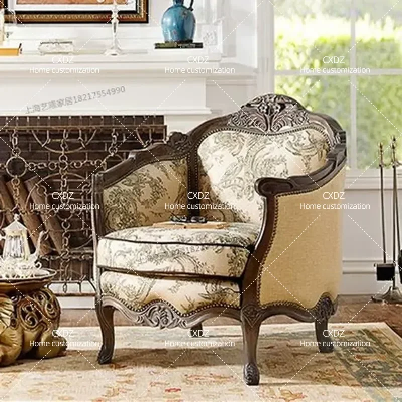 Neoclassical Combination Sofa Solid Wood Frame Fabric Upholstery Hand Carved Living Room Furniture for Villa Light Luxury