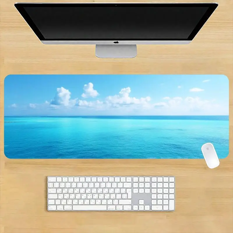 قطعة واحدة من سجادة مكتب Ocean Horizon كبيرة جدًا - عرض السماء الزرقاء الداكنة والبحر، طباعة عالية الدقة، غير قابلة للانزلاق لإعداد المكاتب/الألعاب الصيفية، مثالية