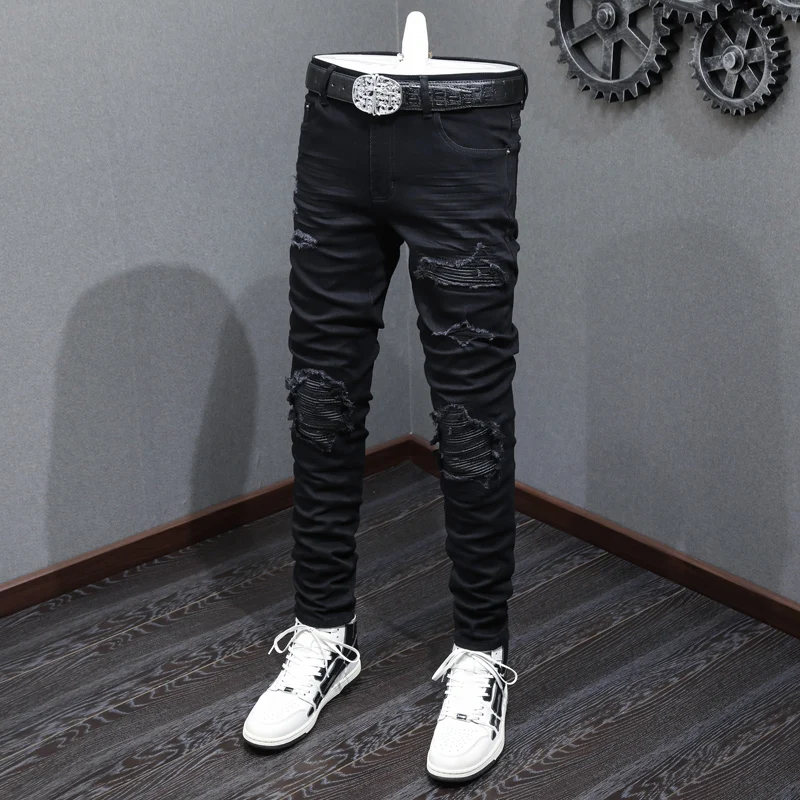 

Designer High Street Fashion New Black Men's Jeans, Washed and Pierced, Elastic and Slimming, Hip Hop Brand Splicing Black Pants