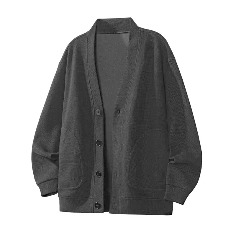 Autumn Winter V-Neck Waffle Cardigan Men's Lightweight Fleece Loose Premium Casual Outerwear
