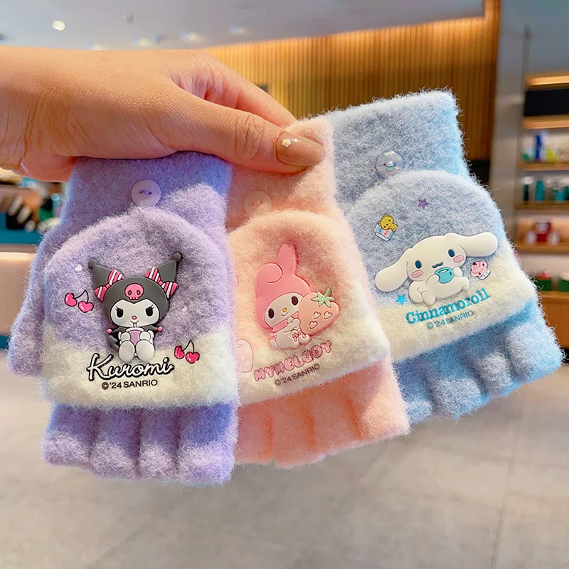 

2024 New Sanrio Kuromi Children's Cartoon Winter Gloves Cute Boys Girls Half-Finger Gloves Can Flip-Open Keep Warm Gloves