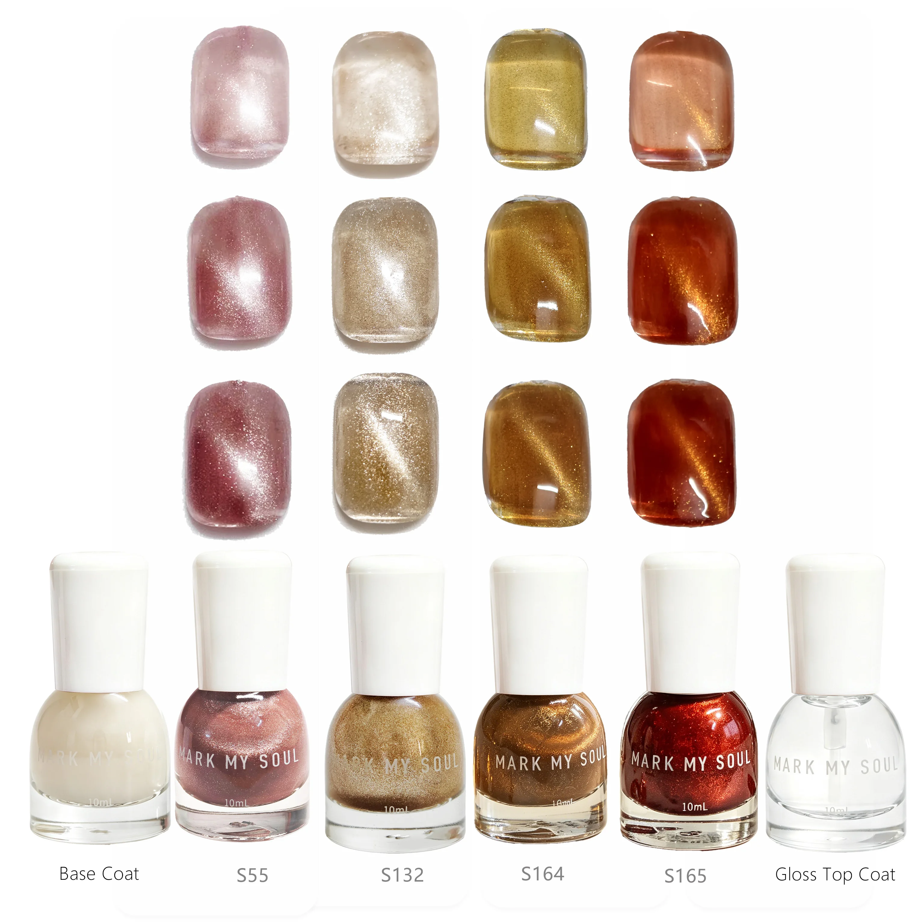 6 Pieces Transparent Amber Olive Nude Pink Magnetic Cat Eye, MARK MY SOUL No UV Lamp Cat Eye Nail Polish Set, 4 Cat Eye Polishes