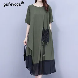 Roupas de verão para mulheres moda retalhos shirring coreano em torno do pescoço decoração tridimensional manga curta vestido de comprimento médio