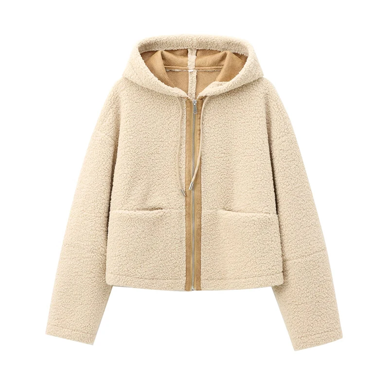 YENKYE Women Adjustable Drawstring Hooded Fleece Jacket Long Sleeve With Pockets Autumn Winter Short Warm Coat