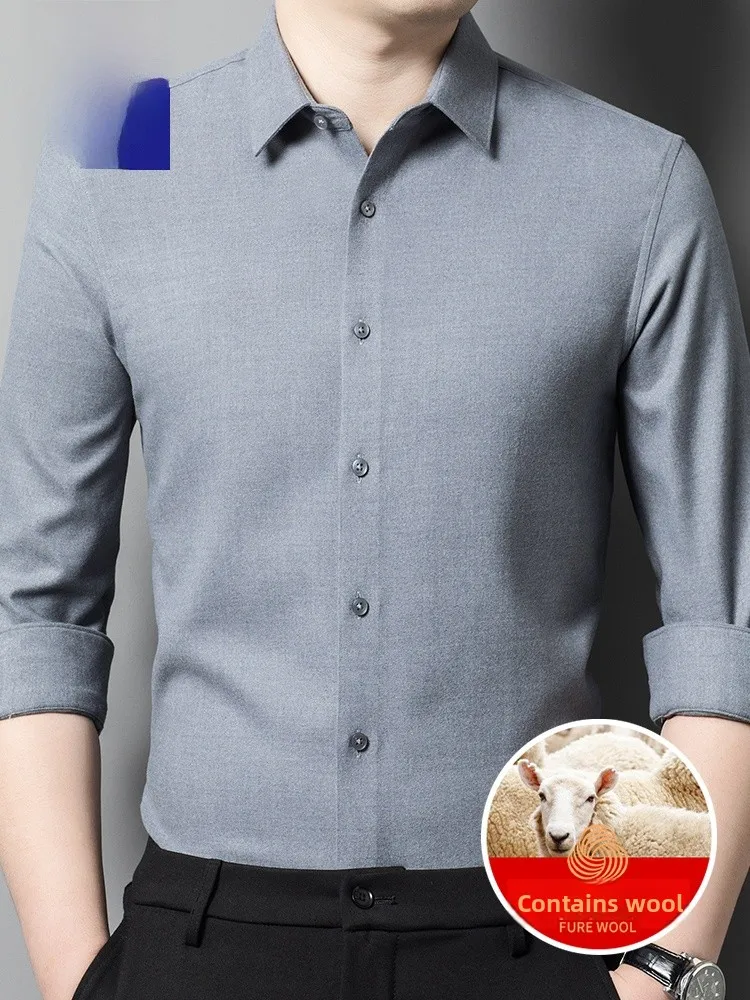 

Rn Wool Blend Men's irt Comfortable Long Sve Casual Busin Mid-Year Pure Color Breathable Polyester Fiber irt