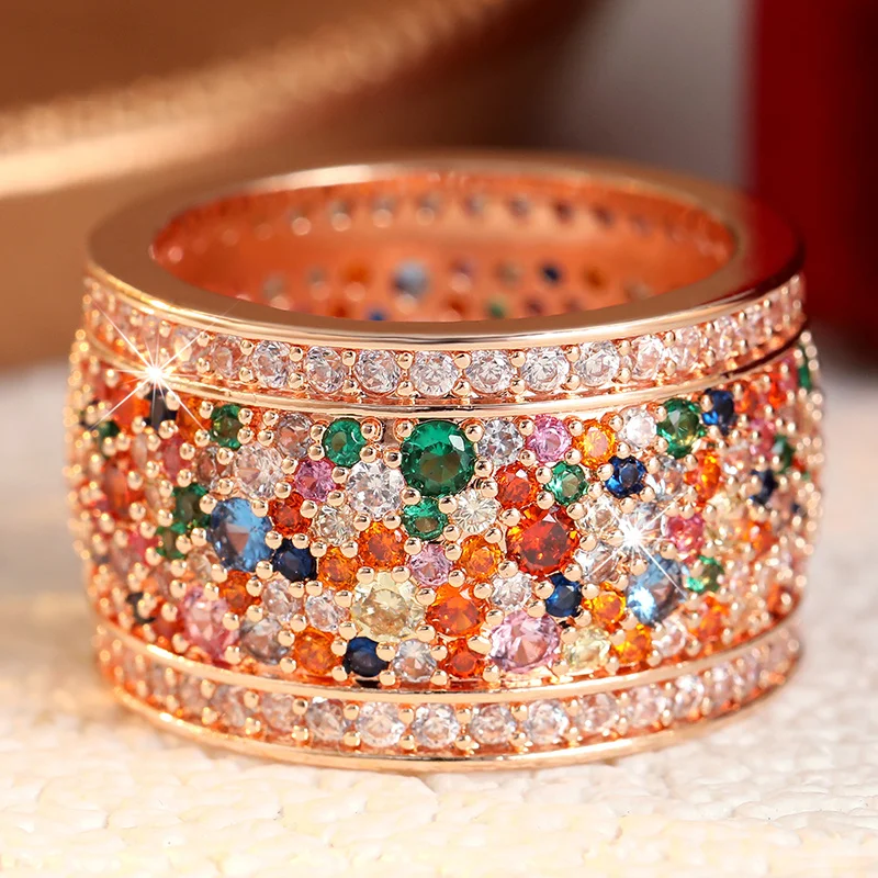 The Wide Edition Women's Light Luxury Fashion Ring Fully Inlay Colorful Synthetic Zircon Golden Plated Ring Temperament Jewelry