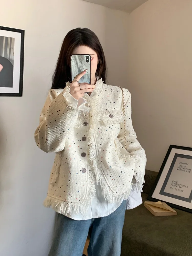 Colorful polka dot tweed short jacket, spring and autumn season small fragrant flowing Su women's top