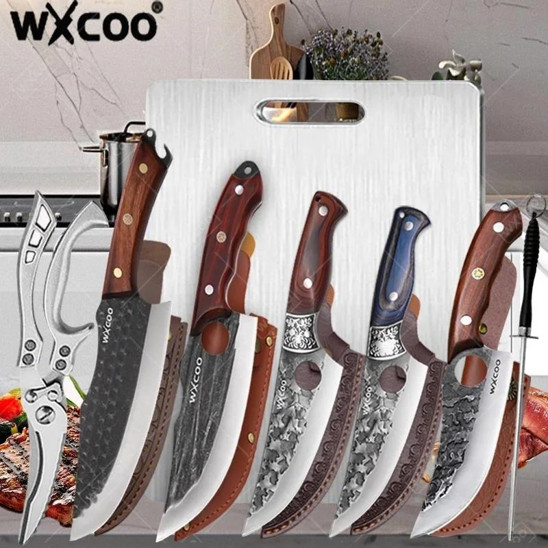 Cuchillos de cocina profesionales WXCOO, cuchillo para desespinar pescado hecho a mano, funda con mango de madera, cuchillo multiusos para cocinar, cortar frutas y verduras