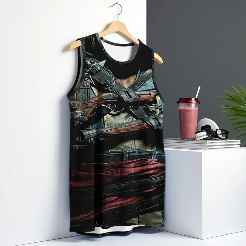 メンズスカルベストストリートファッションラウンドネックノースリーブプリント Tシャツ日常アウトドアスポーツフィットネスランニングトップ恐怖 2025 新しい