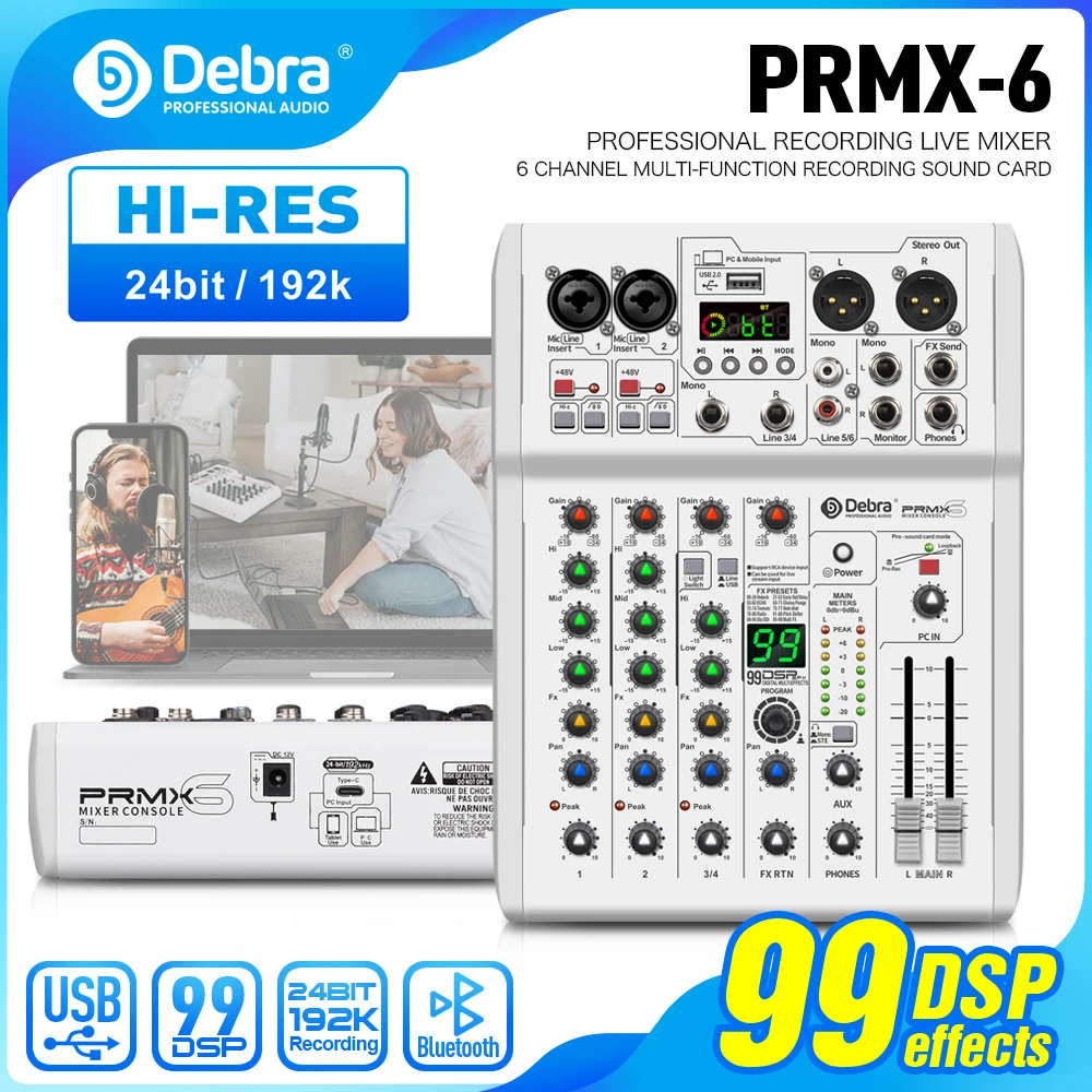 PRMX-6 DJ Console Audio Mixer 99 DSP 24bit 192k USB/PC Record,Studio Console,For Recording Studio,Mobile Live.