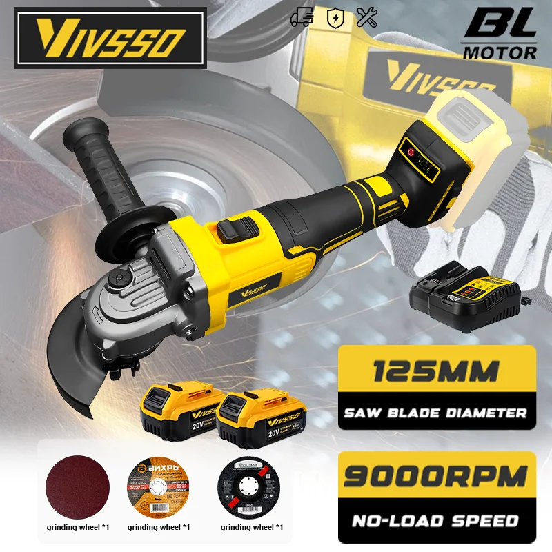 

Бесщеточная угловая шлифовальная машина VIVSSO, 125 мм, режущий станок, аккумуляторная электрическая угловая шлифовальная машина, электроинструменты для аккумуляторных штифтов Dewalt 20 В