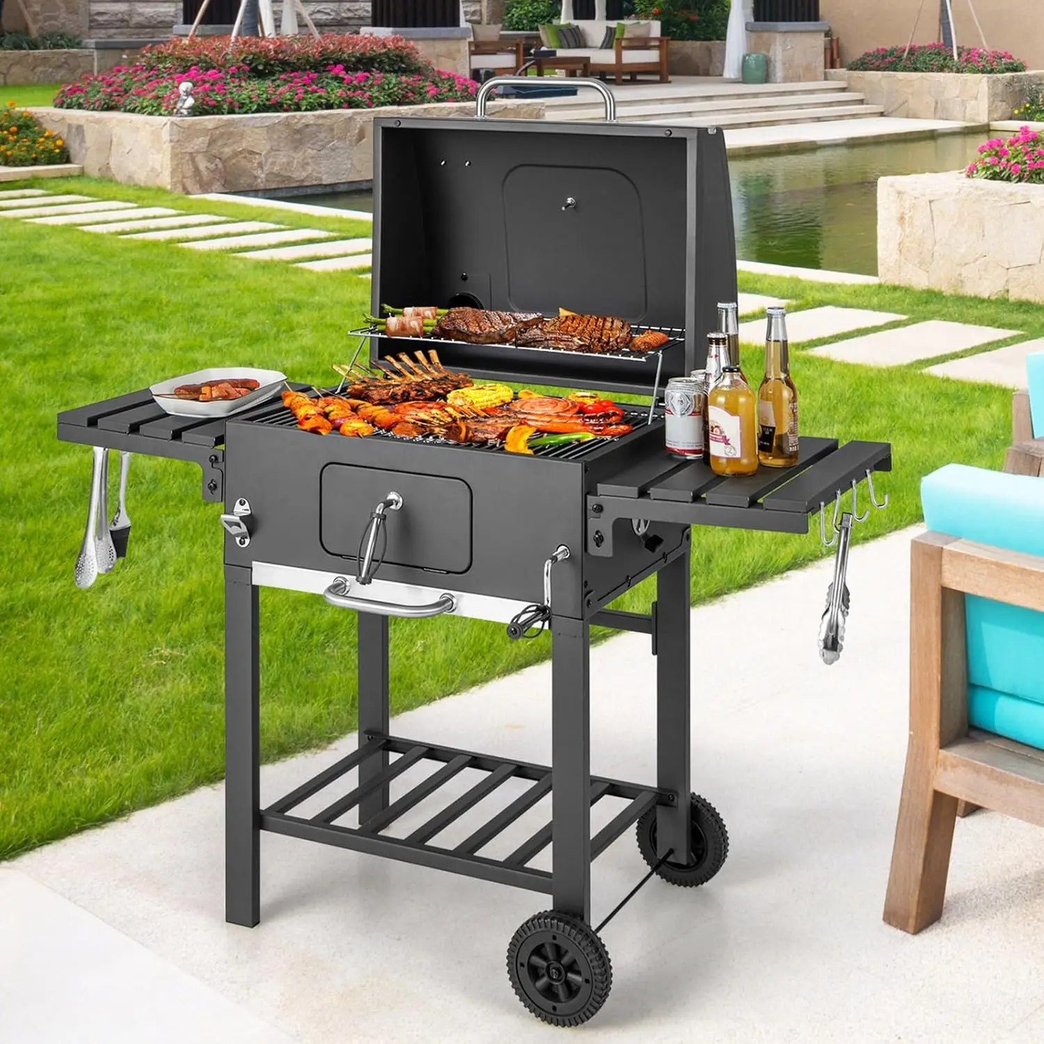 Charcoal Grill 24 inch, BBQ Grill with 2 Foldable Side Table, Adjustable Charcoal Tray, Pull-out Ash Tray, Heavy Duty Barbecue