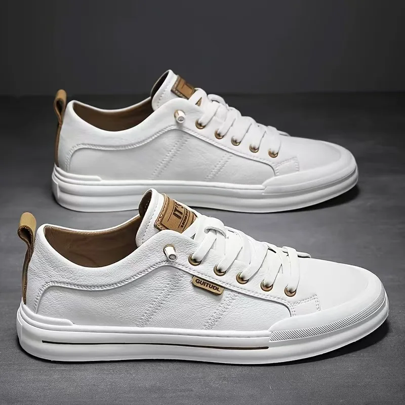 New Men's Low-Top Leather Sneakers Soft Durable White Casual Shoes Trendy Versatile Skate-Inspired Footwear for Streetwear Daily