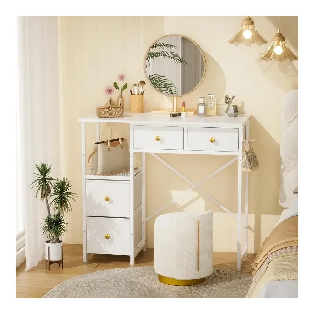 

De Maquillaje, White Vanity Desk Without Mirror, Small Makeup Desk With 4 Fabric Drawers, 33.5 Inches Dressing Table With Stora