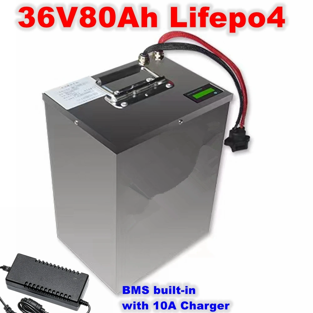 

Стальной чехол, 36 В, 80 Ач, Аккумулятор Lifepo4 с BMS для скутера, велосипеда, трехколесного велосипеда, Солнечная резервная электрическая тележка для гольфа + зарядное устройство 10 А