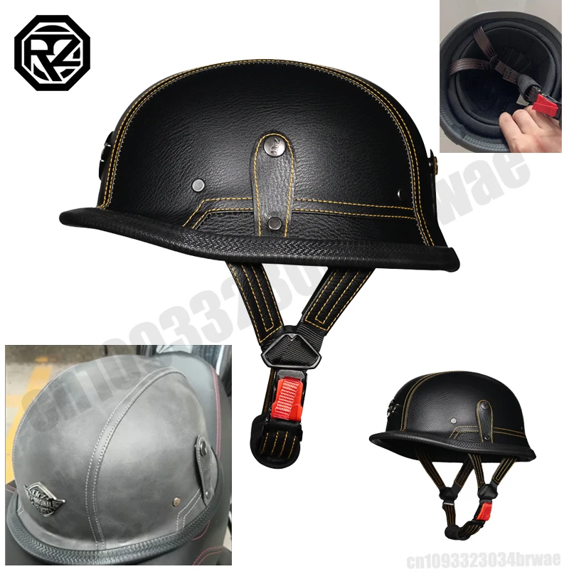 

ORZ Retro Motorcycle Helmet PU Leather Wrapped Imitation German Style Steel Helmet Cascos Para Moto Semi Covered Capacity