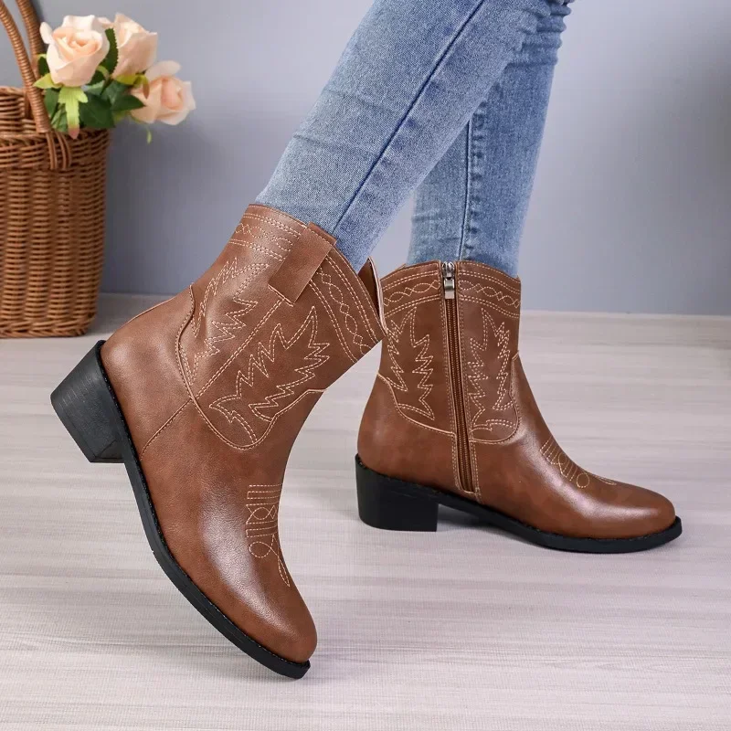 Women's Shoes on Sale 2023 Side Zip Ankle Women's Boots Plus Size Retro Boots Women Round Toe Embroidery Square Heel Shoes Women