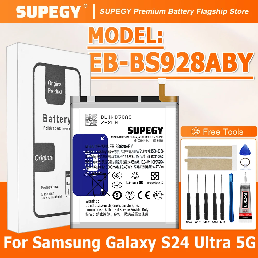 

Аккумулятор SUPEGY EB-BS928ABY 100% новый, высокого качества, для мобильных телефонов Samsung S24U/S24 ULTRA, 2026 год выпуска + бесплатные инструменты