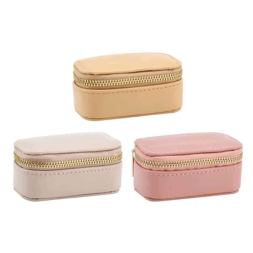 Vintage Mini Portable Jewelry Box Square Zipper Necklace Ring Case Jewelry Display Case PU Leather Earring Organizer Women