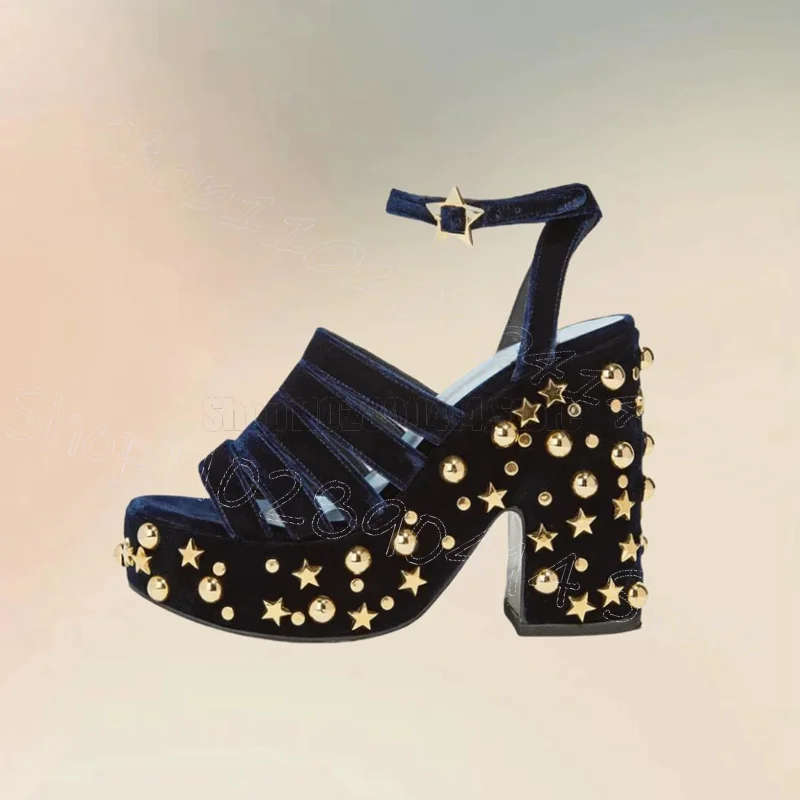 

Gold Star Rivets Black Corduroy Platform Sandals Buckle Strap Women Shoes Chunky High Heels Party Feast 2024 Zapatos Para Mujere