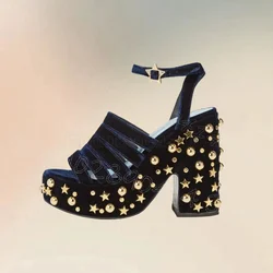 Gold Star Rivets Black Corduroy Platform Sandals Buckle Strap Women Shoes Chunky High Heels Party Feast 2024 Zapatos Para Mujere