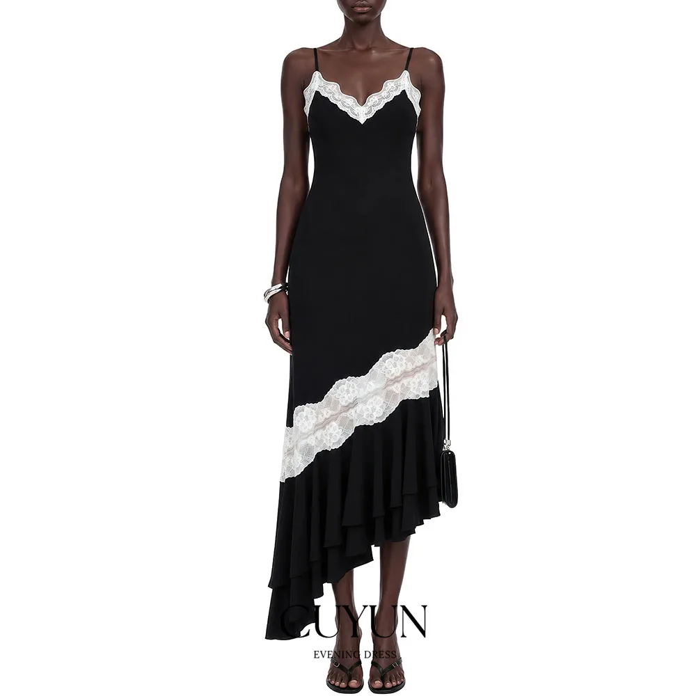 CUYUN Customized Spaghetti V-neck Sleeveless Mermaid Evening Dresses Patchwork Lace Ruffles Draped Open Back Ankle Length Prom
