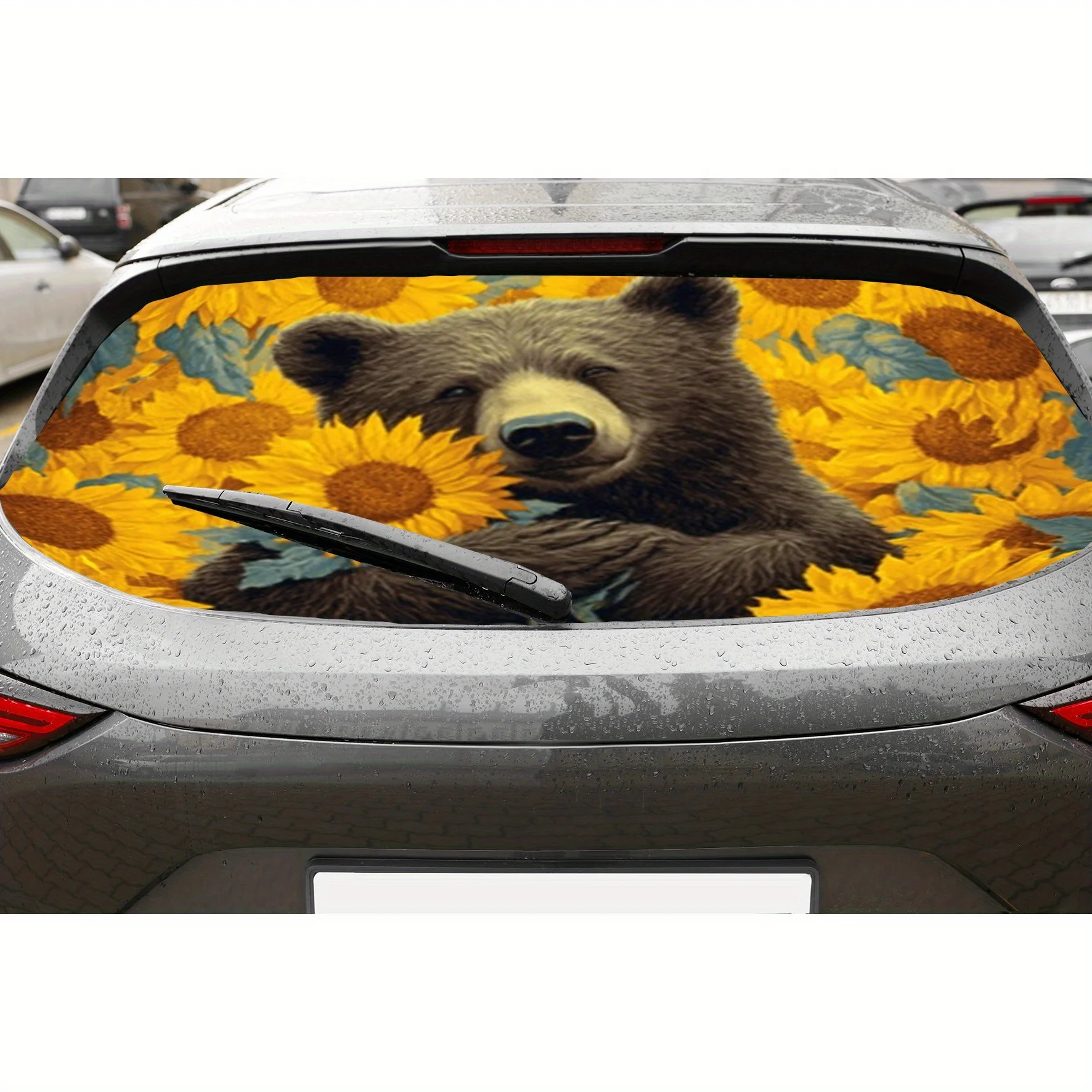 

Sunflowers and a bear PVC material self-adhesive waterproof car rear window sticker, easy to paste without falling off, waterpro
